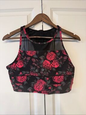 ZYIA Black Sports Bra with Vibrant Pink Floral Print
